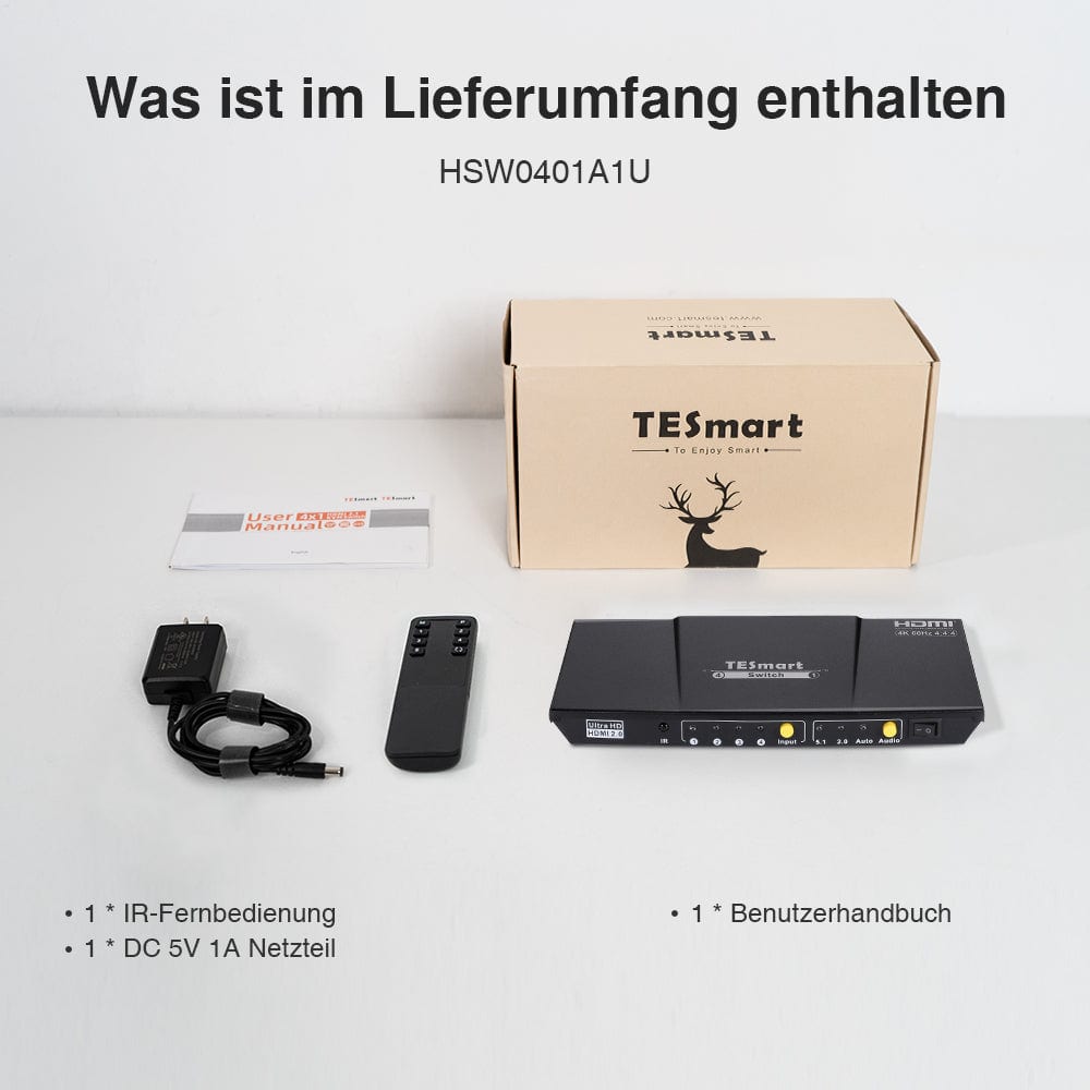 TESmart HDMI Switch 4 Port HDMI Umschalter 4K60Hz mit S/PDIF &amp; L/R 4 Port HDMI Umschalter 4K 60Hz mit Audio Ausgang, Fernbedienung-TESmart