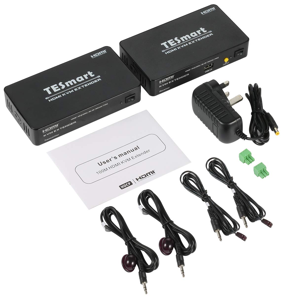 TESmart HKE1011C1U-EUBK HDMI/VGA/USB Extender 100M HDMI KVM Extender 4K@30Hz (One Sender + One Receiver)