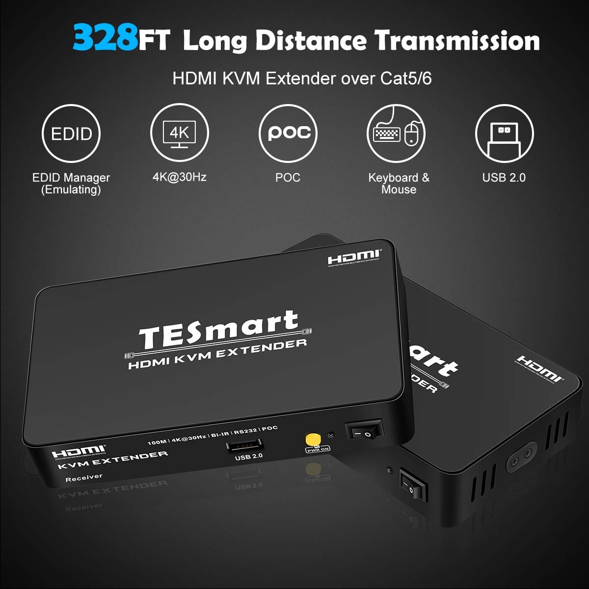 TESmart HKE1011C1U-EUBK HDMI/VGA/USB Extender 100M HDMI KVM Extender 4K@30Hz (One Sender + One Receiver)