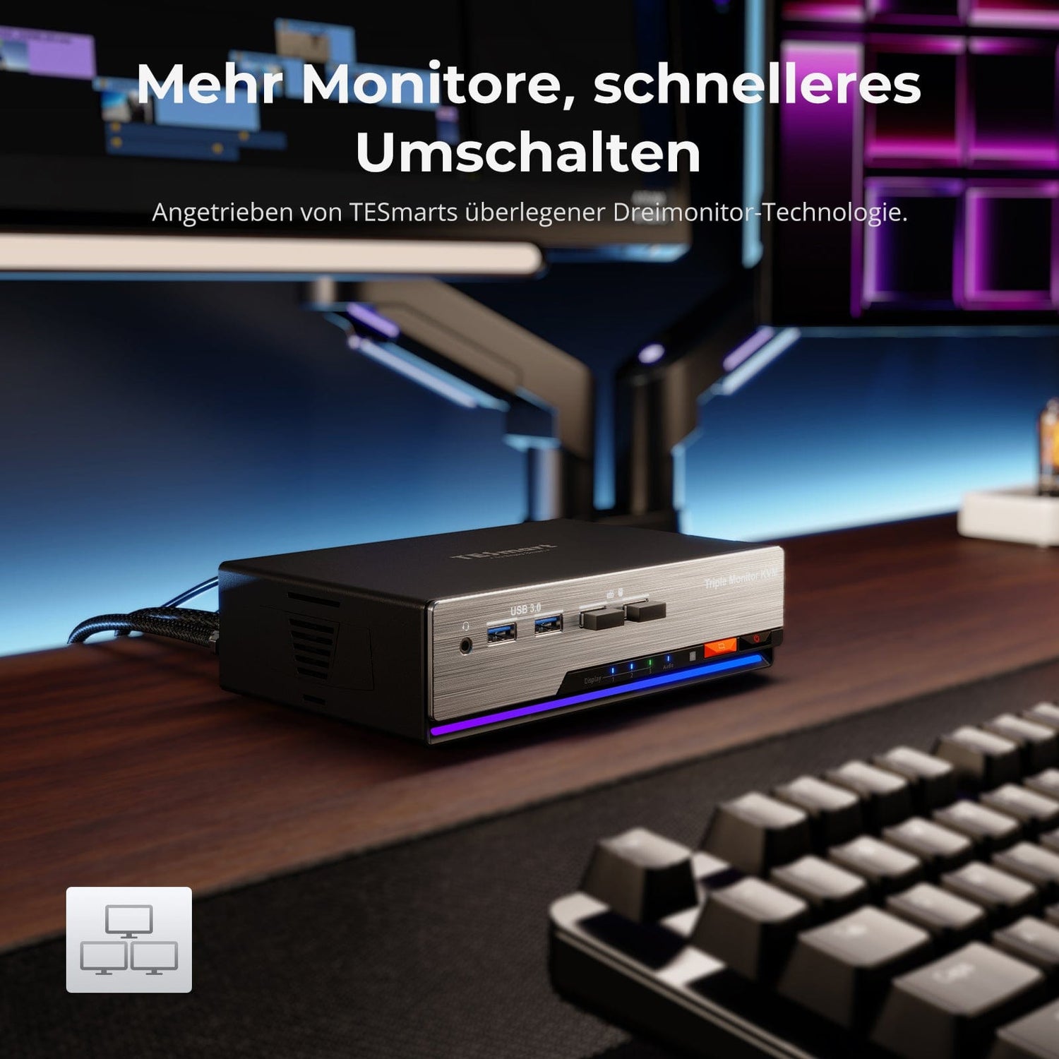 TESmart HKS203-P24-EUBK Drei Monitor KVM Switcher Triple 4K60Hz HDMI KVM Switch Gaming Dock für 2 PCs &amp; 3 Monitore, mit EDID 10652805090693 EU Plug