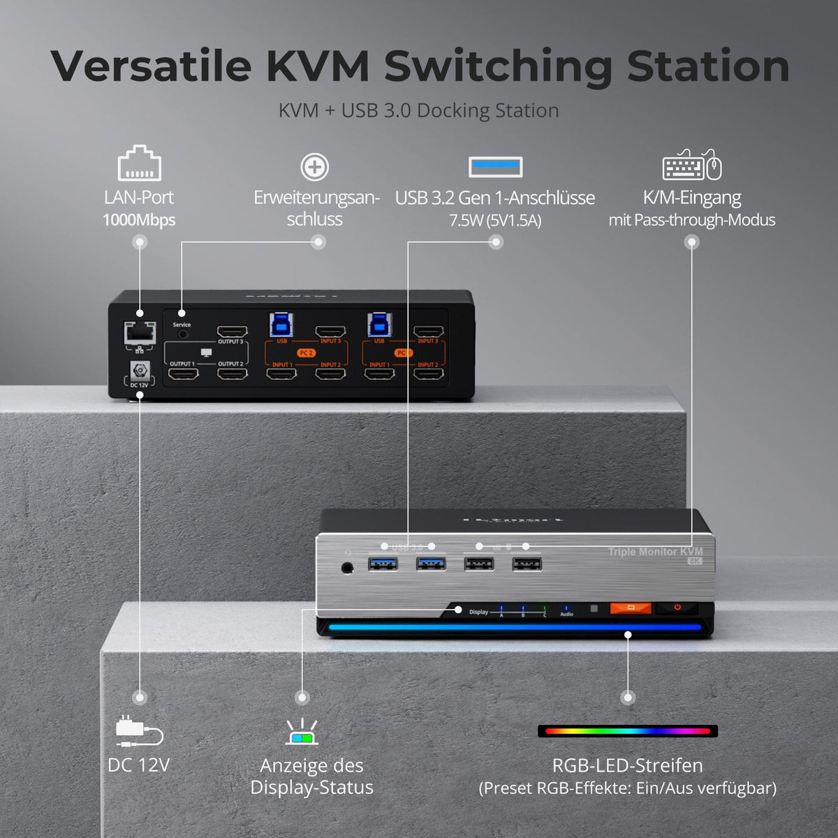 TESmart HKS203-P24-EUBK Drei Monitor KVM Switcher Triple 4K60Hz HDMI KVM Switch Gaming Dock für 2 PCs & 3 Monitore, mit EDID 10652805090693 EU Plug