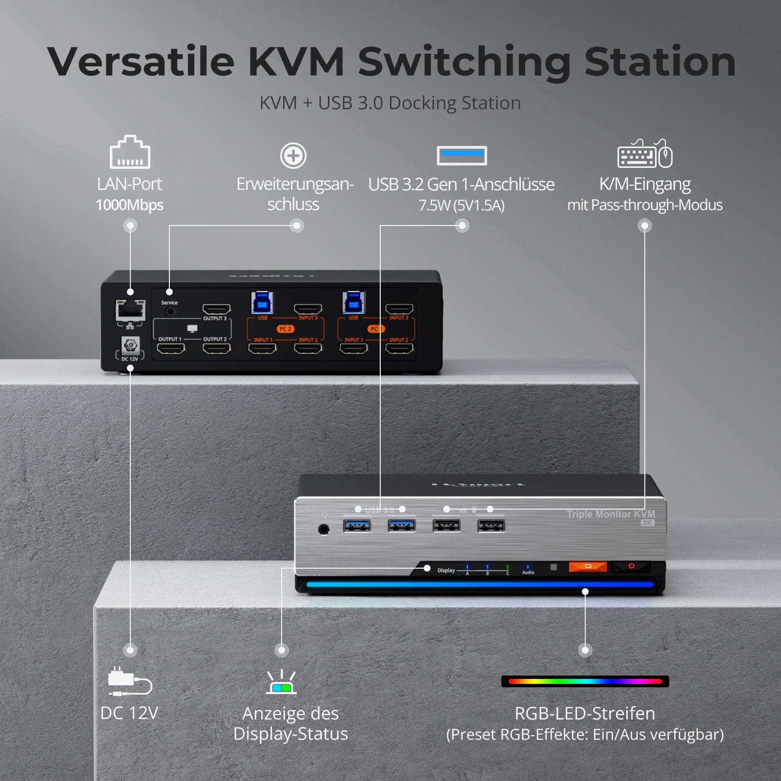 TESmart HKS203-P24-EUBK Drei Monitor KVM Switcher Triple 4K60Hz HDMI KVM Switch Gaming Dock für 2 PCs &amp; 3 Monitore, mit EDID 10652805090693 EU Plug