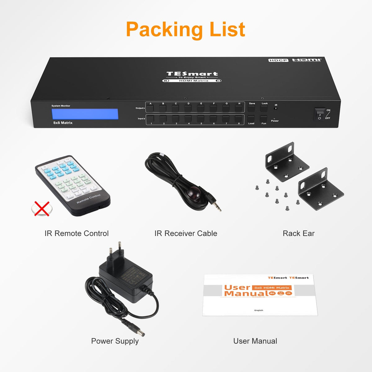 TESmart HMA808-L23-EUBK HDMI Matrix 8x8 HDMI Matrix 4K30Hz/ 4K60Hz Unterstützung RS232/ TCP IP Control 10659135227898 4K HDMI Matrix switch 8X8,HDCP HDR RS232/LAN steuern TESmart EU Plug / HMA0808A30 (4K@30Hz)