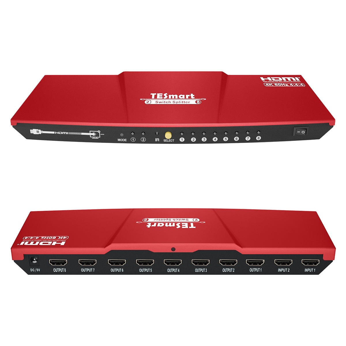 TESmart HSP0208A1U-EURD HDMI Splitter 2x8 HDMI Splitter 4K 60Hz für DVD Player TV Box HDMI Splitter  2 in 8 out Unterstützung  4K 60Hz HDR HDCP 2.2 -TESmart EU Plug / Red / 4K@60Hz
