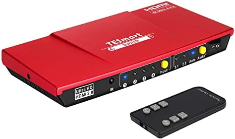 TESmart HSW401-E23-EURD HDMI Switch 4 Port HDMI Umschalter 4K60Hz mit S/PDIF &amp; L/R 4 Port HDMI Umschalter 4K 60Hz mit Audio Ausgang, Fernbedienung-TESmart EU Plug / Red