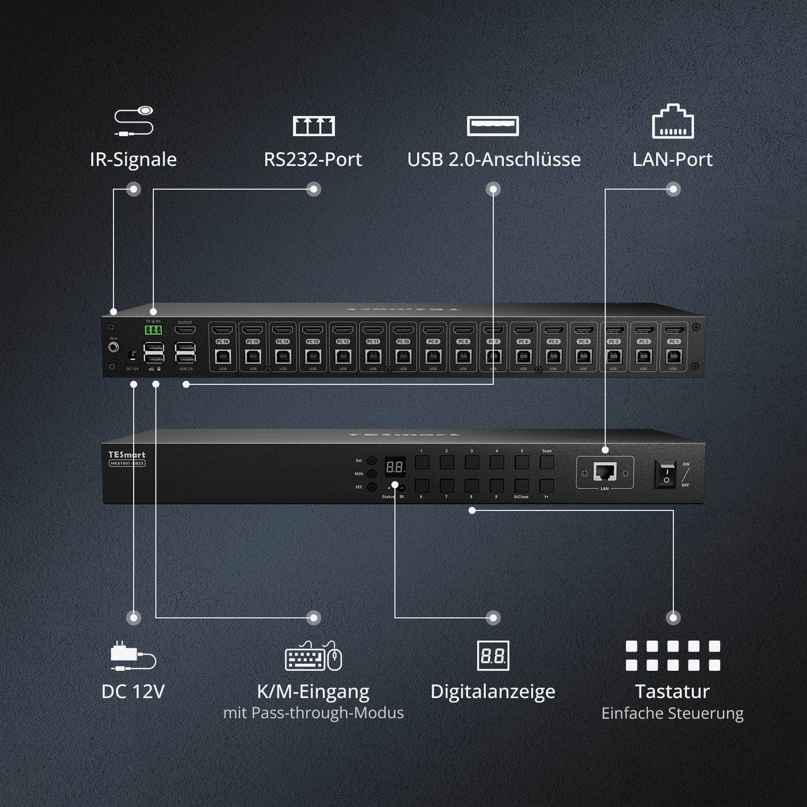 TESmart KVM Switch 16-Port HDMI KVM Switch 4K30Hz mit Unterstützung für RS232/LAN, verbessert für erweiterte Kompatibilität und Stabilität HDMI KVM Switch 16 port 4K USB Hub, Rackmount, RS232 TESmart