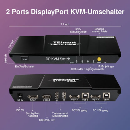 TESmart KVM Switch 2 Port DisplayPort 1.2 KVM Switch 4K60Hz mit USB Hub DP KVM Switch 2 Port 4K60Hz mit EDID,USB hub,L/R Audio TESmart