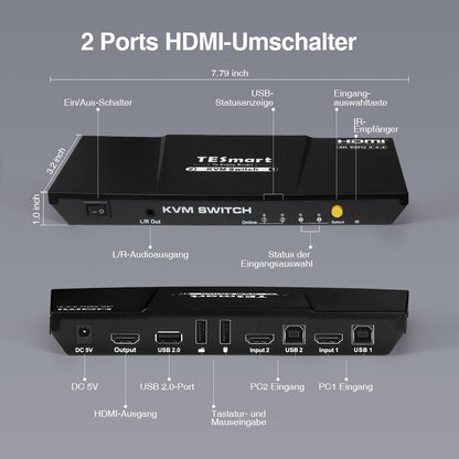 TESmart KVM Switch 2 Port HDMI KVM Switch 4K60Hz Maus Nahtlose Umschaltung HDMI KVM Switch 4K HDR verbinden 2 pc teilen sich USB,Audio TESmart