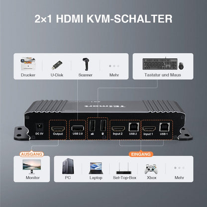TESmart KVM Switch 2 Port HDMI KVM Switch 4K60Hz mit USB Hub und Audio Out HDMI KVM Switch 2 Port 4K60Hz mit EDID,USB Hub,L/R Audio TESmart
