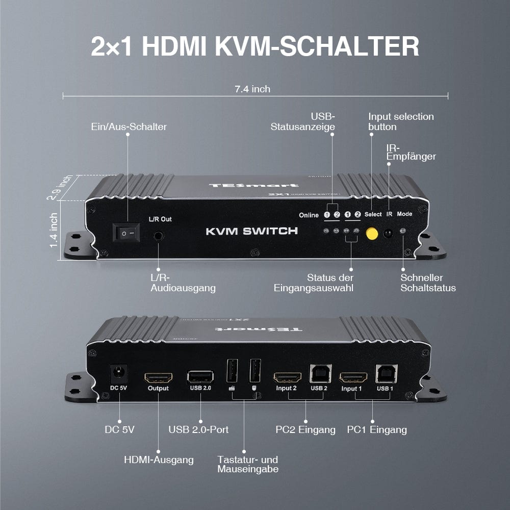 TESmart KVM Switch 2 Port HDMI KVM Switch 4K60Hz mit USB Hub und Audio Out HDMI KVM Switch 2 Port 4K60Hz mit EDID,USB Hub,L/R Audio TESmart