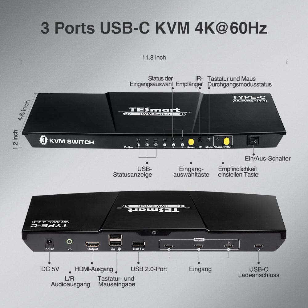 TESmart KVM Switch 3 Port USB-C KVM Switch 4K60Hz mit USB Hub und Audio Port USB-C KVM Switch 3 Port 4K60Hz mit EDID,USB Hub TESmart