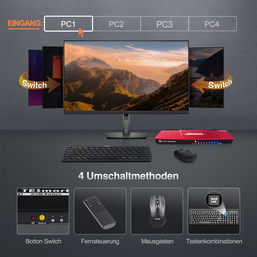TESmart KVM Switch 4 Port HDMI KVM Switch 4K60Hz Maus Nahtlose Umschaltung HDMI KVM Switch 4 Port 4K60Hz mit EDID,USB hub TESmart