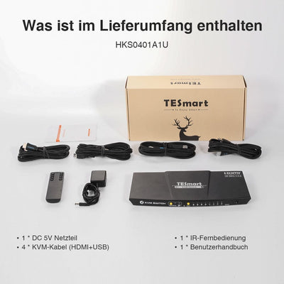 TESmart KVM Switch 4 Port HDMI KVM Switch 4K60Hz Maus Nahtlose Umschaltung HDMI KVM Switch 4 Port 4K60Hz mit EDID,USB hub TESmart