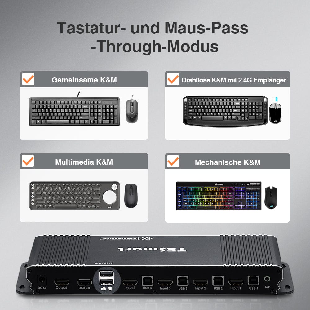 TESmart KVM Switch 4 Port HDMI KVM Switch 4K60Hz mit USB Hub und Audio Out HDMI KVM Switch 4K HDR verbinden 4 pc teilen sich USB,Audio TESmart