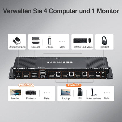 TESmart KVM Switch 4 Port HDMI KVM Switch 4K60Hz mit USB Hub und Audio Out HDMI KVM Switch 4K HDR verbinden 4 pc teilen sich USB,Audio TESmart