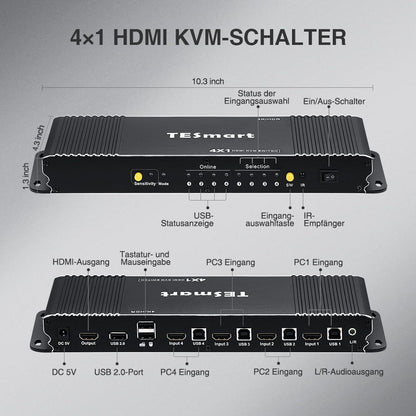 TESmart KVM Switch 4 Port HDMI KVM Switch 4K60Hz mit USB Hub und Audio Out HDMI KVM Switch 4K HDR verbinden 4 pc teilen sich USB,Audio TESmart