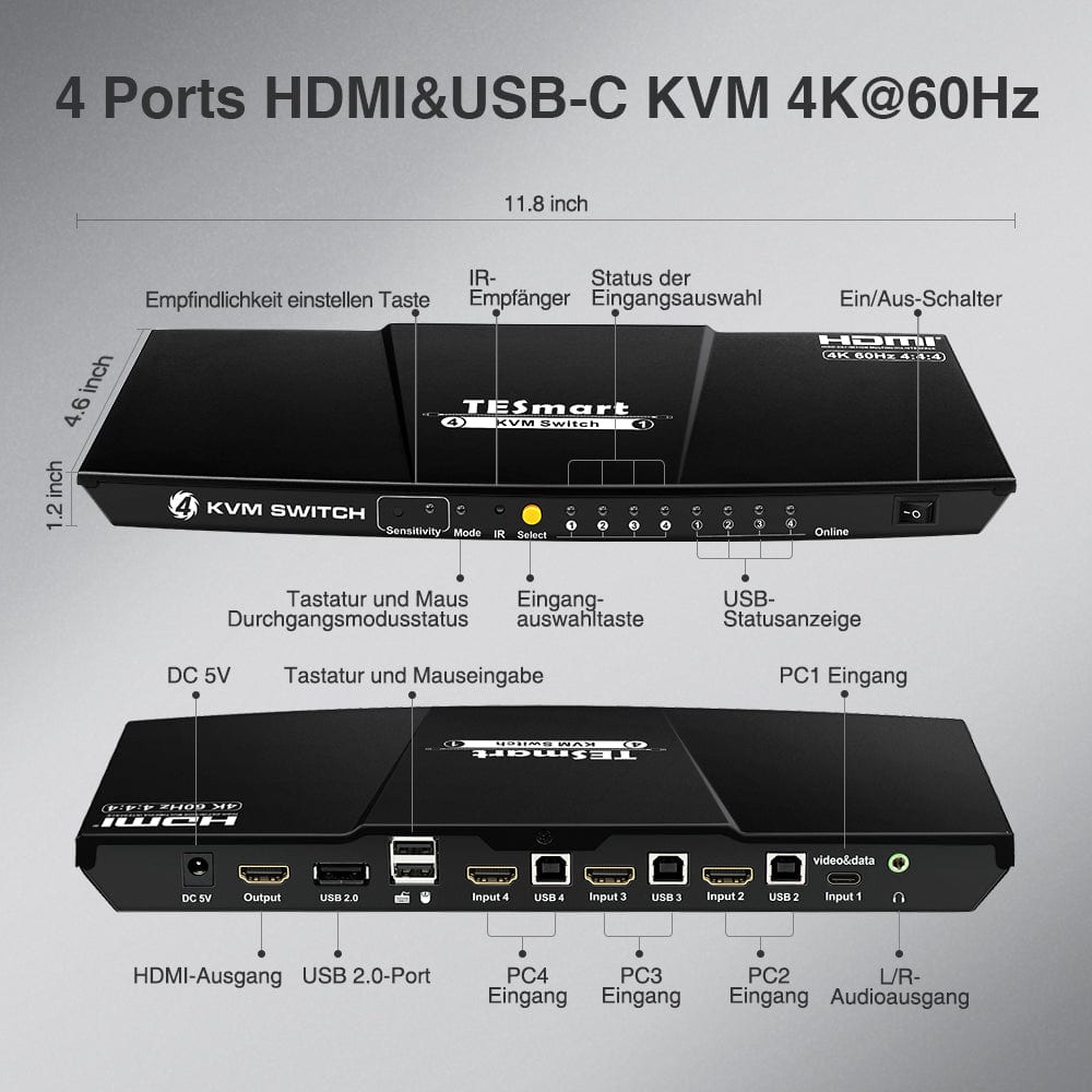 TESmart KVM Switch 4 Ports USB-C KVM Umschalter 4K60Hz HDMI & 3 HDMI + 1 Typ-C KVM Switch USB-C HDMI 4 Port 4K60Hz mit EDID,USB Hub TESmart