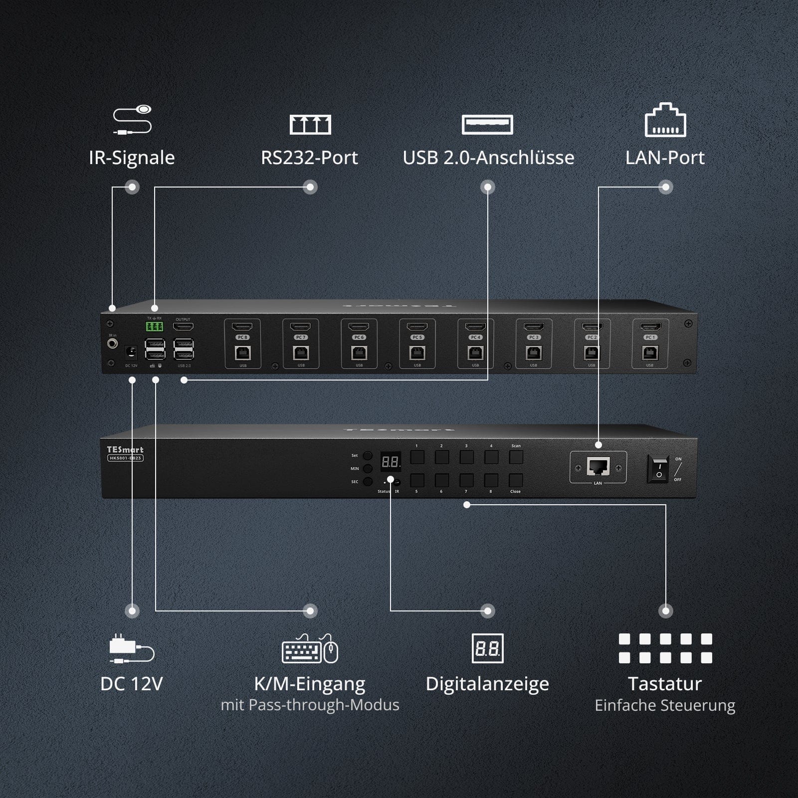 TESmart KVM Switch 8-Port HDMI KVM Switch 4K30Hz mit Unterstützung für RS232/LAN, verbessert für erweiterte Kompatibilität und Stabilität HDMI KVM  Switch 8 Port 4K Autoscan, Rackmount, RS232 TESmart