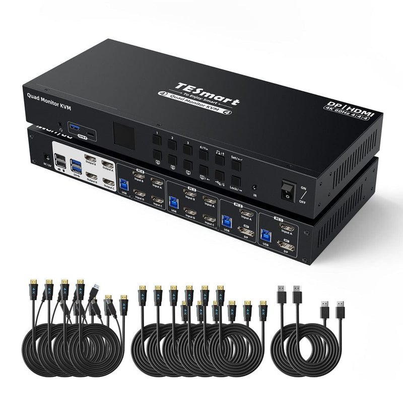 TESmart KVM Switch Quad-Monitor-MST-KVM-Dockingstation-Kit - 4K60Hz, EDID für 4 PCs 4-Port Quad-Monitor DisplayPort KVM-Switch, 4K@60Hz, MST &amp; EDID | TESmart