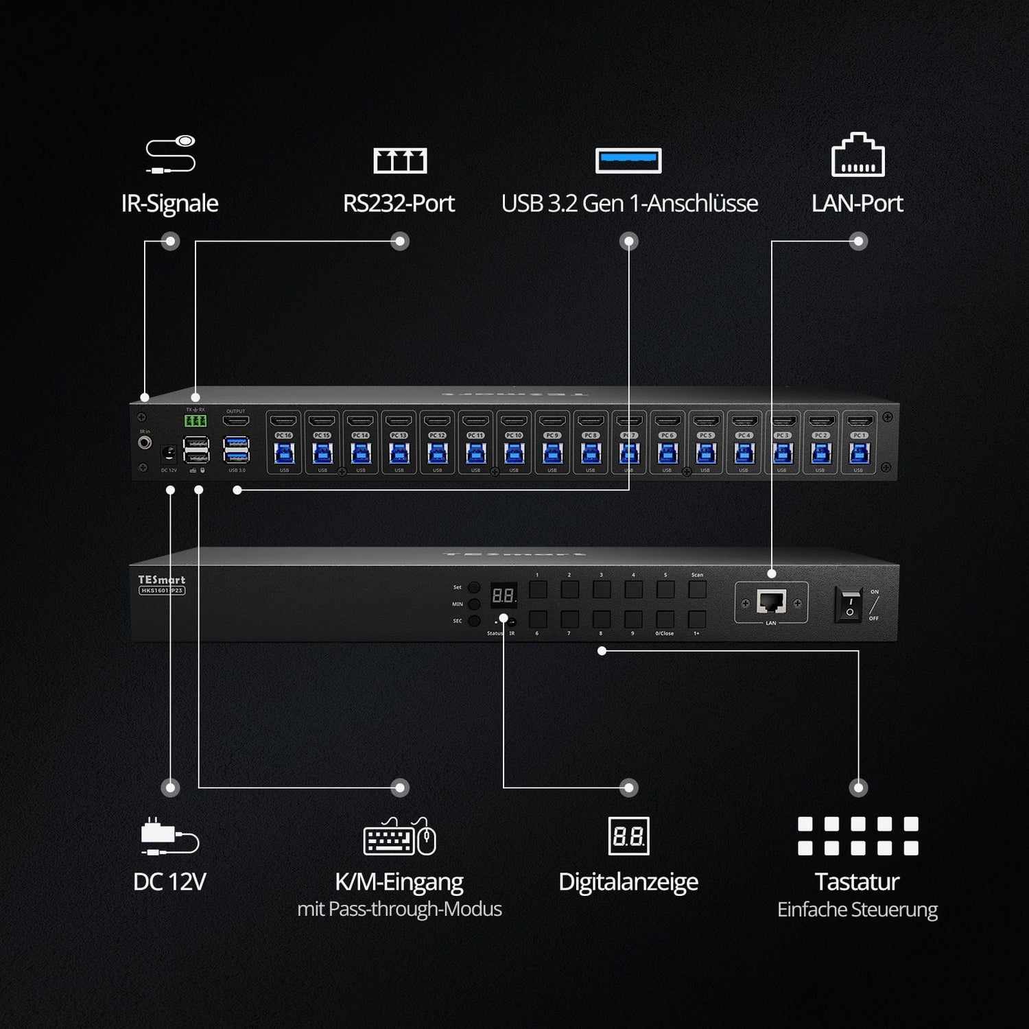 TESmart KVM Switch Verbesserter 16-Port HDMI KVM Switch mit USB 3.0 (5Gbps), 4K60Hz und RS232/LAN-Steuerung HDMI KVM Switch 16 Port 4K60Hz Autoscan, Rackmount, RS232 TESmart