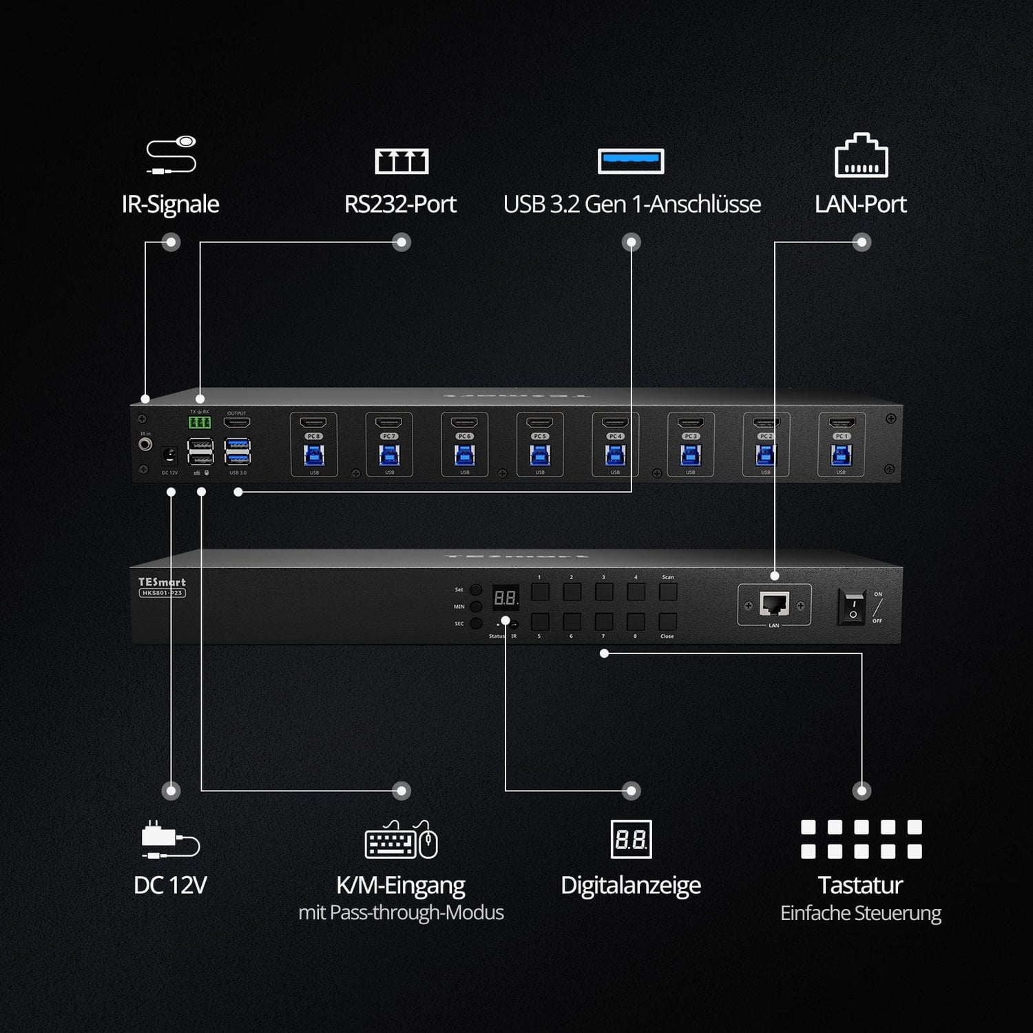 TESmart KVM Switch Verbesserter 8-Port HDMI KVM Switch mit USB 3.0 (5Gbps), 4K60Hz und RS232/LAN-Steuerung HDMI KVM Switch 8 port 4K60Hz Autoscan, Rackmount, RS232 TESmart