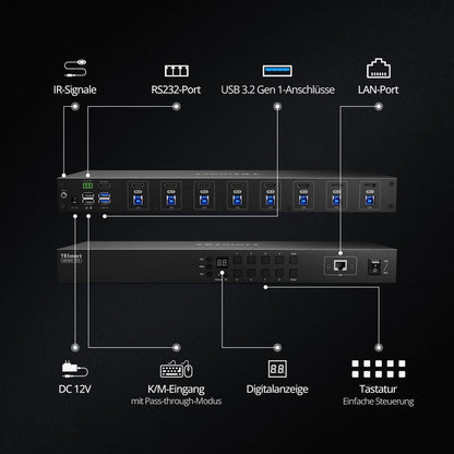 TESmart KVM Switch Verbesserter 8-Port HDMI KVM Switch mit USB 3.0 (5Gbps), 4K60Hz und RS232/LAN-Steuerung HDMI KVM Switch 8 port 4K60Hz Autoscan, Rackmount, RS232 TESmart