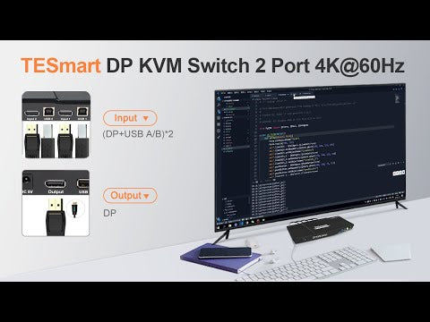 Charger la vidéo: Commutateur KVM DisplayPort 1.2 2 ports 4K60Hz avec concentrateur USB